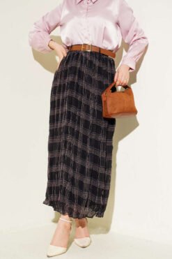 Checkered Wrinkled Chiffon Skirt Black Großhandel skirt - Hicabistan Türkei Fabrik