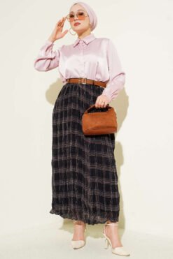 Checkered Wrinkled Chiffon Skirt Black Großhandel skirt view 2 - Hicabistan Türkei Fabrik