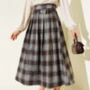 Plaid Pleated Flared Skirt Grey