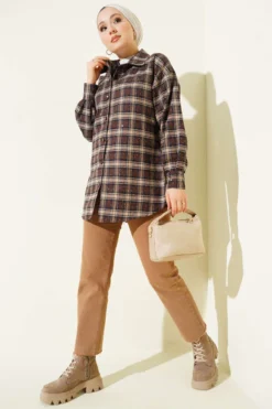 Plaid Stone-Embellished Shirt Brown Großhandel shirt view 2 - Hicabistan Türkei Fabrik