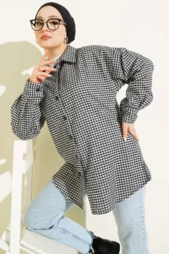 Plaid Stone-Embellished Shirt White Großhandel shirt - Hicabistan Türkei Fabrik