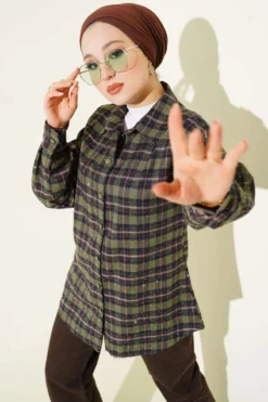 Plaid Stone-Embellished Shirt Khaki