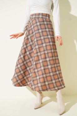 Plaid Patterned Zippered Skirt Camel