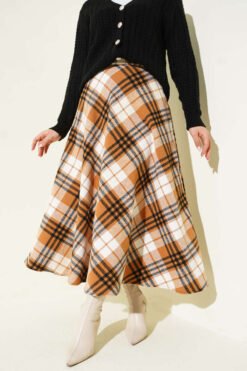 Checked Pattern Zip Wool Skirt Camel