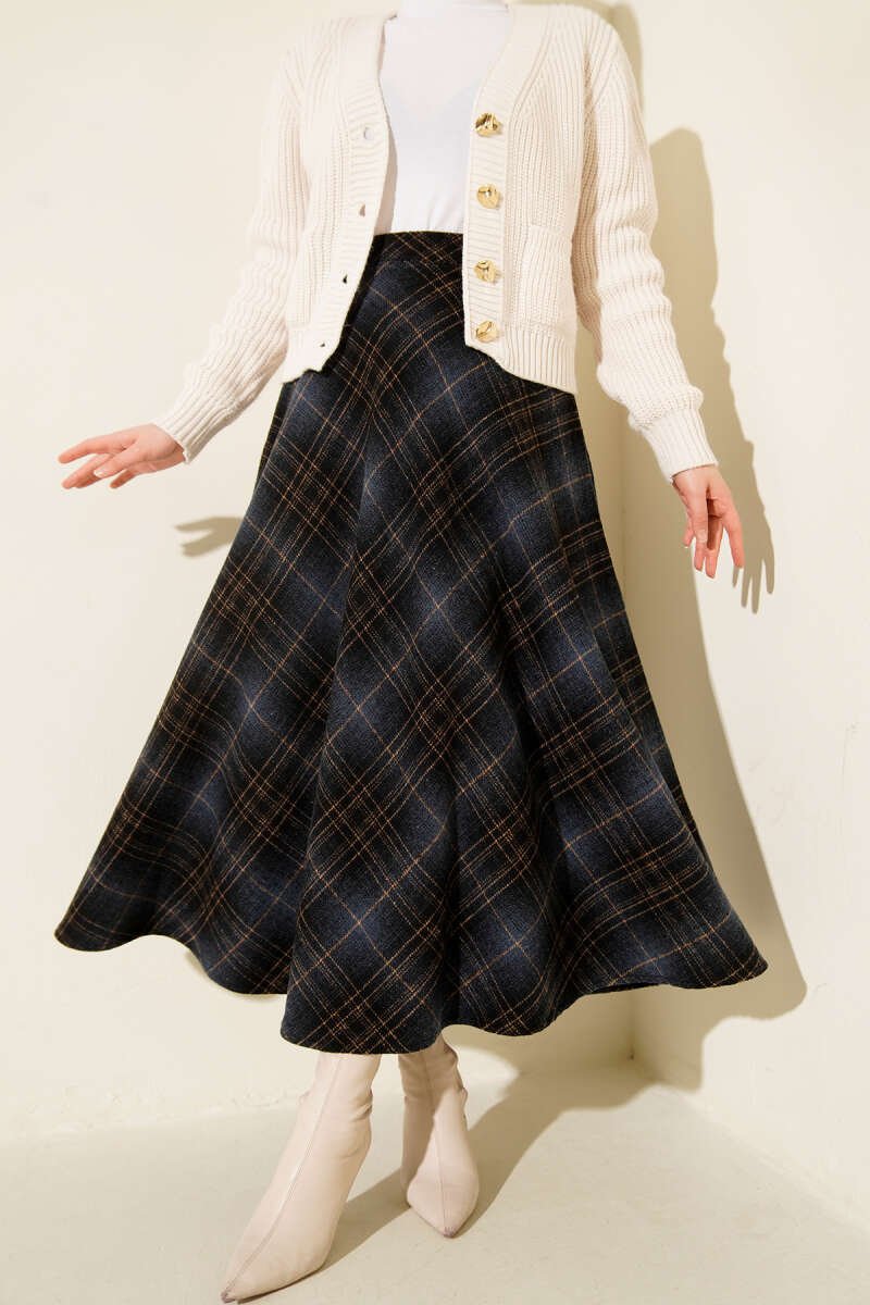 Plaid Flared Wool Skirt en gros skirt - Hicabistan usine Turquie