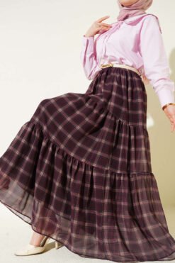 Plaid Zippered Chiffon Skirt Plum groothandel skirt - Hicabistan Turkije fabriek