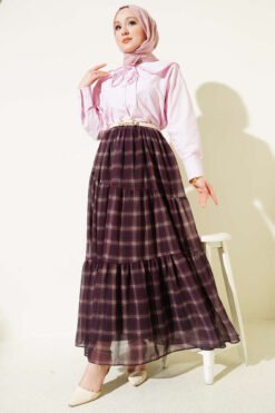 Plaid Zippered Chiffon Skirt Plum groothandel skirt view 2 - Hicabistan Turkije fabriek