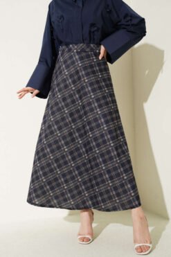 Gingham Elastic Waist Flared Skirt Navy Blue groothandel skirt - Hicabistan Turkije fabriek