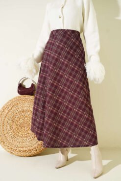 Gingham Elastic Waist Flared Skirt Plum wholesale skirt - Hicabistan Turkey factory