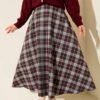 Plaid Pocket Flared Skirt Burgundy
