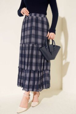 Plaid Layered Chiffon Skirt Navy Blue wholesale skirt - Hicabistan Turkey factory