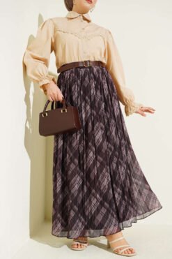 Checkered Belted Tulle Flared Skirt Brown