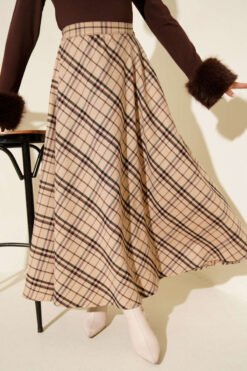 Plaid Flared Skirt Beige en gros skirt - Hicabistan usine Turquie
