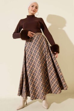 Plaid Flared Skirt en gros skirt view 2 - Hicabistan usine Turquie