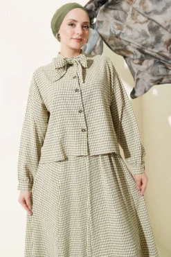 Alternative view of Plaid Collar Tied Skirt Set Stone