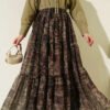 Ethnic Pattern Layered Chiffon Skirt Khaki Großhandel skirt - Hicabistan Türkei Fabrik