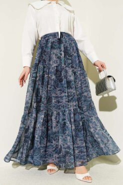 Ethnic Pattern Layered Chiffon Skirt Indigo groothandel skirt - Hicabistan Turkije fabriek