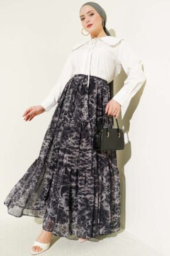 Ethnic Pattern Layered Chiffon Skirt Black groothandel skirt view 2 - Hicabistan Turkije fabriek
