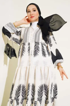 Ethnic Pattern Button Dress Black en gros dress view 2 - Hicabistan usine Turquie