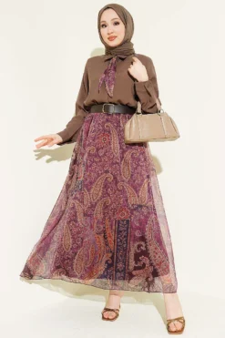 Ethnic Patterned Chiffon Skirt Set Brown