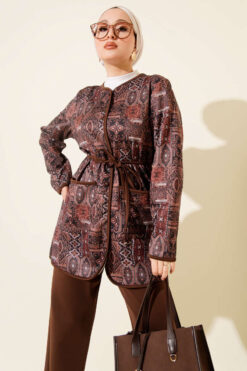Ethnic Patterned Tie-Up Two-Piece Set Brown wholesale clothing set view 2 - Hicabistan Turkey factory