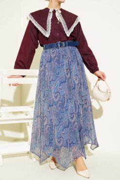 Ethnic Patterned Belted Chiffon Skirt Indigo Großhandel skirt - Hicabistan Türkei Fabrik
