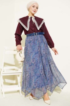 Ethnic Patterned Belted Chiffon Skirt Indigo Großhandel skirt view 2 - Hicabistan Türkei Fabrik