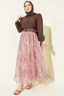 Vista alternativa de Ethnic Patterned Belted Chiffon Skirt Mink