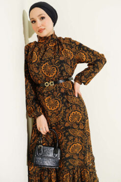 Ethnic Print Belted Ruffled Dress Mustard wholesale dress view 2 - Hicabistan Turkey factory