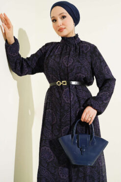Ethnic Print Belted Ruffled Dress Purple wholesale dress view 2 - Hicabistan Turkey factory