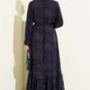 Ethnic Print Belted Ruffled Dress Purple all'ingrosso dress view 3 - Hicabistan fabbrica Turchia
