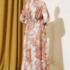 Ethnic Patterned Belted Satin Dress Mustard بالجملة dress view 3 - Hicabistan مصنع تركيا