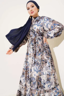 Ethnic Patterned Belted Satin Dress Blue al por mayor dress view 2 - Hicabistan fábrica Turquía