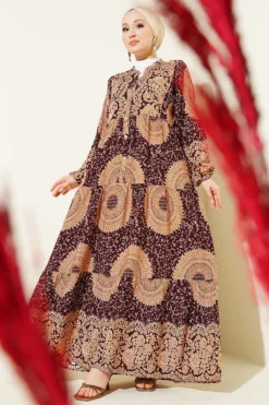 Ethnic Pattern Mandarin Collar Dress Burgundy