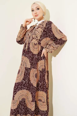 Vista alternativa di Ethnic Pattern Mandarin Collar Dress Burgundy