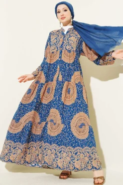 Ethnic Pattern Mandarin Collar Dress Indigo
