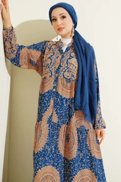 Vista alternativa di Ethnic Pattern Mandarin Collar Dress Indigo