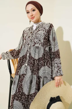 Vista alternativa di Ethnic Pattern Mandarin Collar Dress Brown