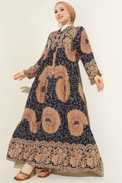 Ethnic Pattern Mandarin Collar Dress Navy Blue