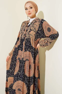 Vista alternativa di Ethnic Pattern Mandarin Collar Dress Navy Blue