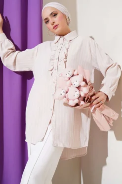 Ruffled Detail Stone Button Striped Shirt Beige