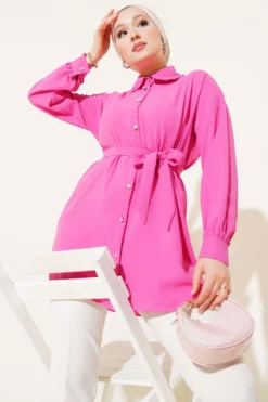 Ruffled Baby Collar Tie Shirt Fuchsia