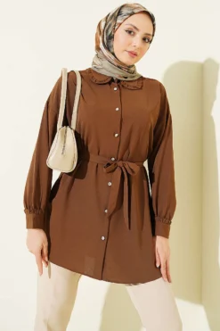 Ruffled Baby Collar Tie Shirt Brown