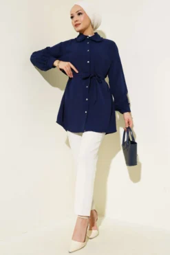 Alternative view of Ruffled Baby Collar Tie Shirt Navy Blue