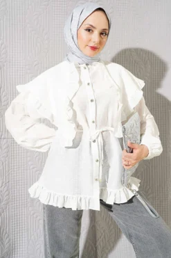 Ruffled Sailor Collar Tie Belt Shirt Ecru