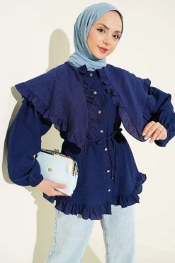 Ruffled Sailor Collar Tie Belt Shirt Navy Blue