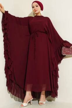 Ruffled Belted Chiffon Dress Burgundy