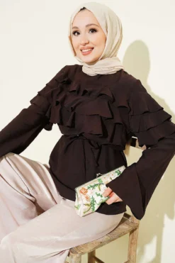 Ruffled Tie Waist Tunic Brown