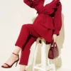 Ruffled Belted Tunic Set Burgundy