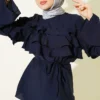 Ruffled Tie Waist Tunic Navy Blue